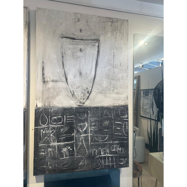 A refined monochrome abstract painting by Connie Lloveras featuring a vessel motif over gestural linear marks executed in...