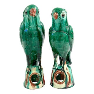 Pair #1 Chinese Export Porcelain Green Sancai Glazed Parrots For Sale