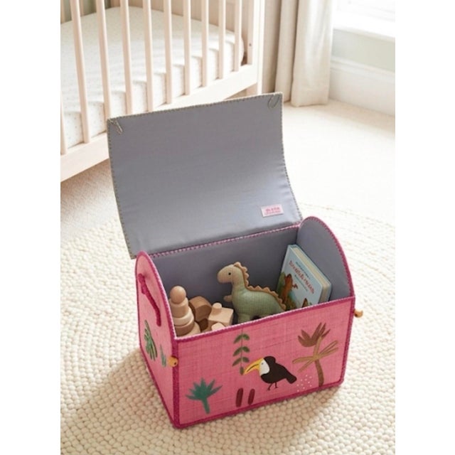 Pink Handmade Madagascar Woven Raffia Toucan Children's Toy Box & Storage Trunk For Sale - Image 8 of 12