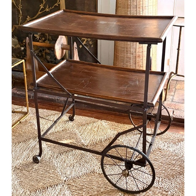 Antique Wood and Metal Industrial Rolling Tea or Bar Cart - Hotel Trolley For Sale In New York - Image 6 of 11
