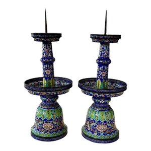 Pair of 19th Century Qing Dynasty Enamel on Copper Pricket Candle Holders