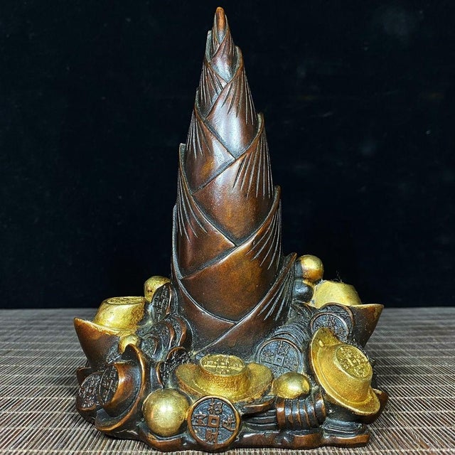 Vintage Chinese Gilt Bronze Bamboo Shoot & Coin Sculpture - "Rising Fortune" Motif For Sale In Los Angeles - Image 6 of 9