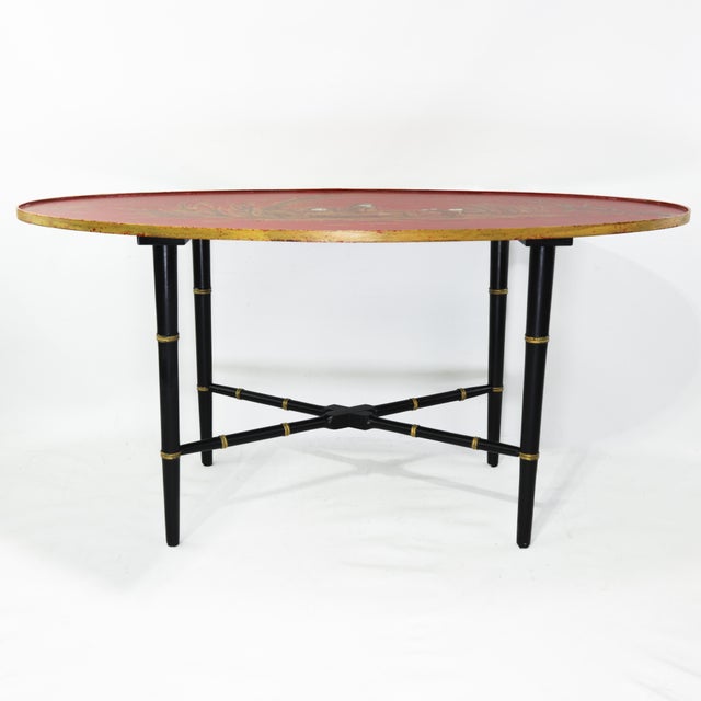 Chinoiserie Vintage Chinoiserie Red Coffee Table With Hand-Painted Figures For Sale - Image 3 of 17