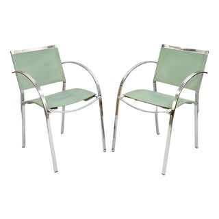 Late 20th Century Italian Modern Naos Italy Teal Blue Leather Chrome "Corset" Arm Chairs - A Pair For Sale