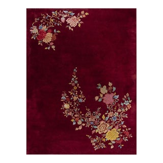 1930s Ruby Red Modern Floral Antique Chinese Art Deco Carpet 8'10" X 11'8" Rug For Sale
