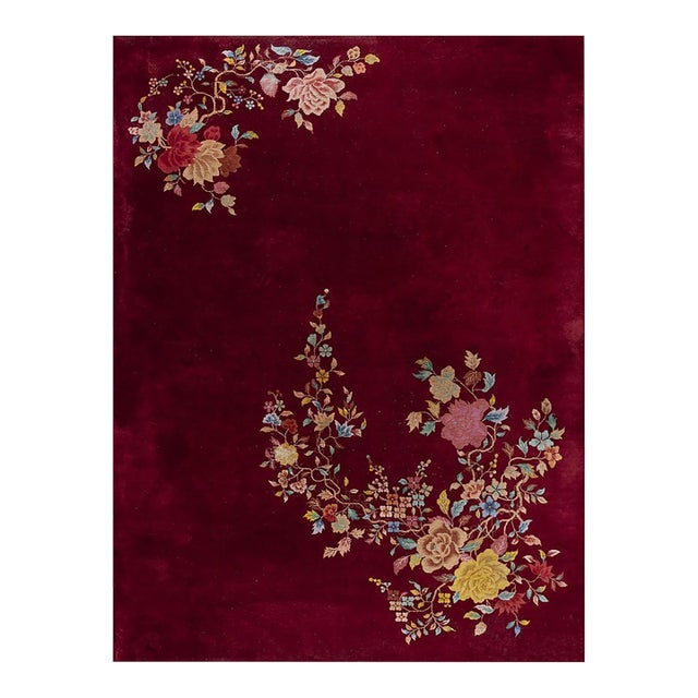 1930s Ruby Red Modern Floral Antique Chinese Art Deco Carpet 8'10" X 11'8" Rug For Sale