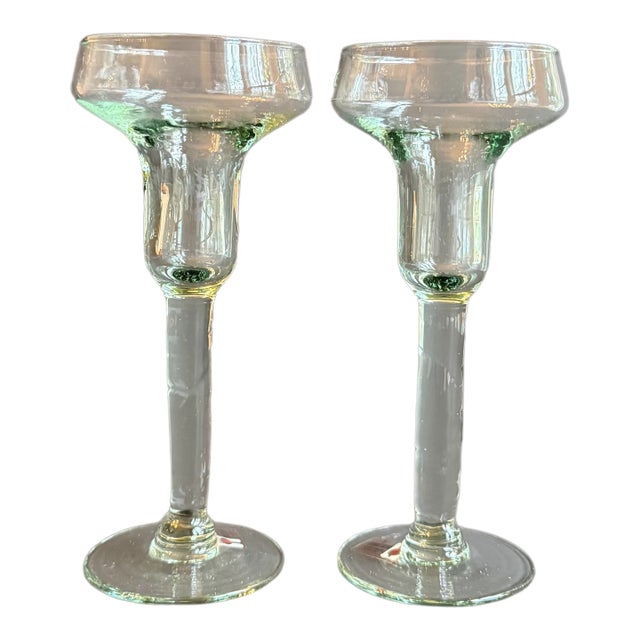 Set of 2 Vintage La Mediterranea Green Glass Candlesticks For Sale