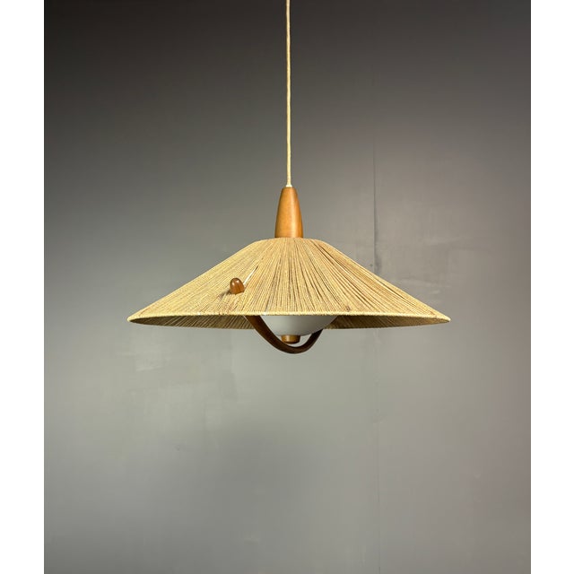 Textile Large Mid-Century Teak and Sisal Cord Pendant Light from Temde Leuchten, 1960s For Sale - Image 7 of 11