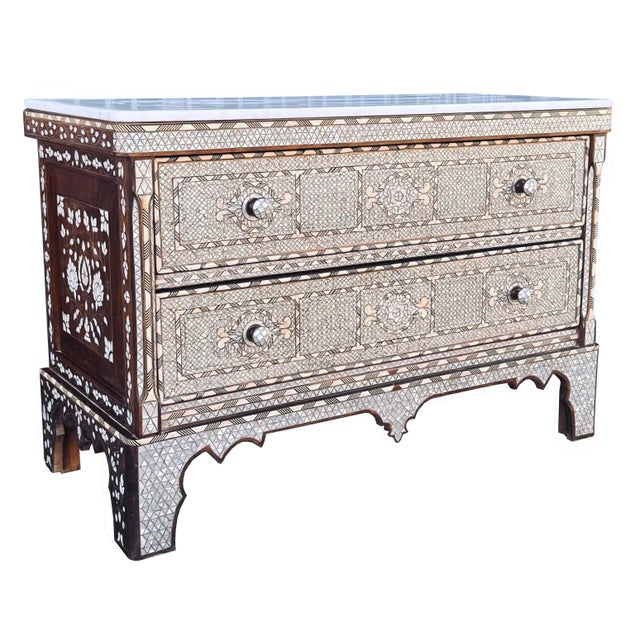 Pair of Antique Syrian Mother-of-Pearl Inlay Nightstands With Marble Tops, Late 19th Century For Sale - Image 4 of 8