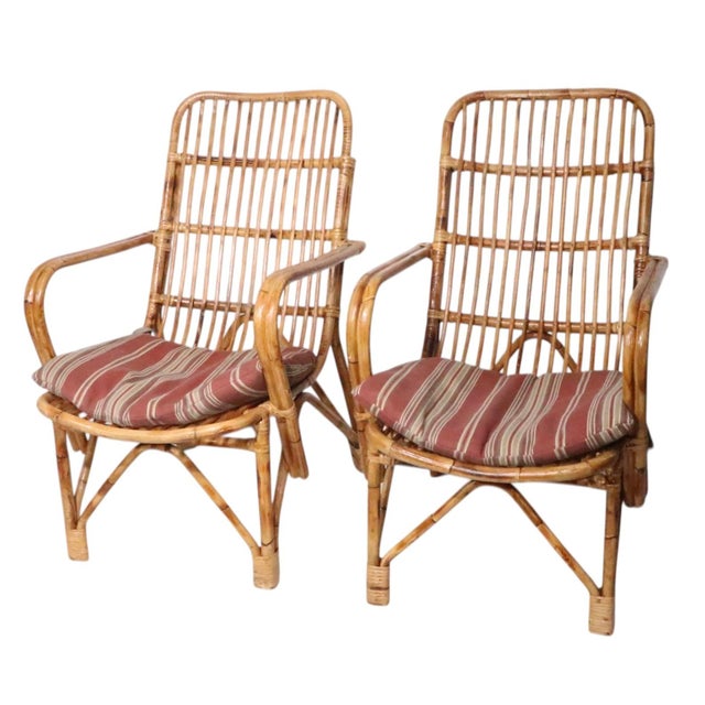 Franco Albini Pr. Coastal Style Mid 20th Century Bamboo Rattan Lounge Chairs For Sale - Image 4 of 12