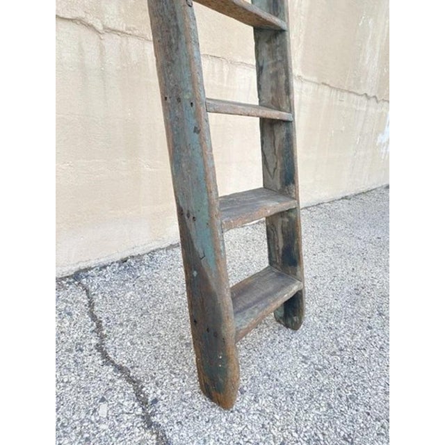 Antique French Rustic Primitive Green Distress Painted Wooden Barn Ladder For Sale - Image 10 of 11