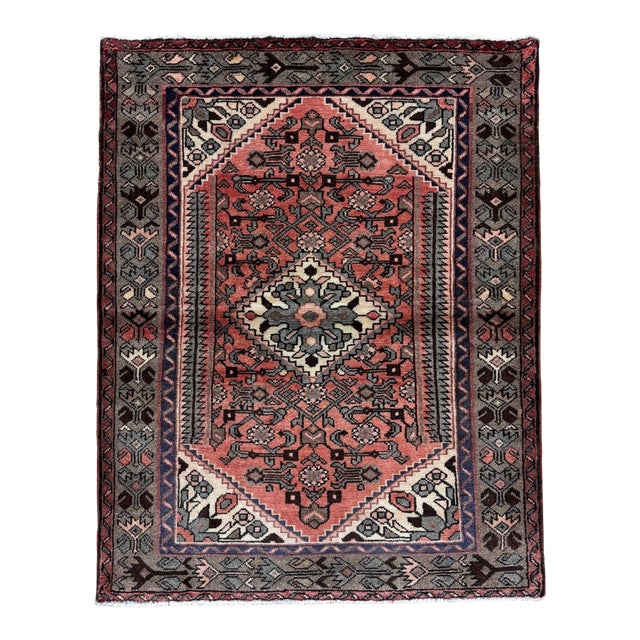 Vintage Persian Hamadan Hand-Knotted Rug 3'9" X 4'10" For Sale