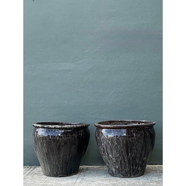 Contemporary Vintage Glazed Ceramic Planters - Pair For Sale - Image 3 of 12