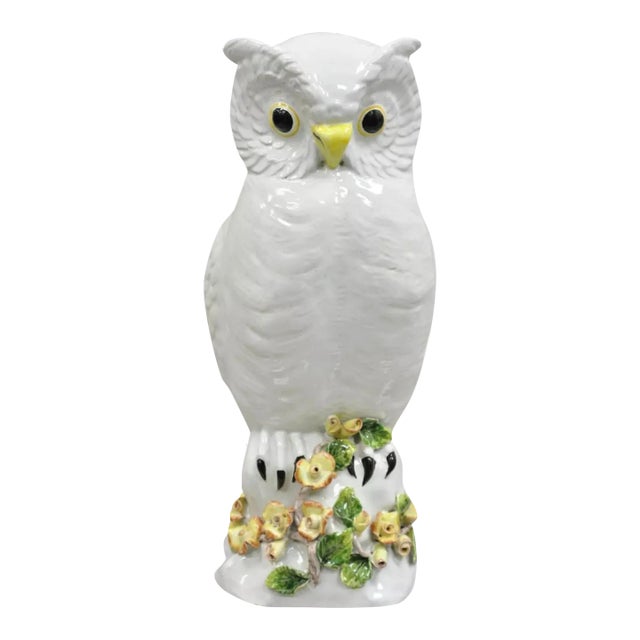 Mid 20th Century Vintage Italian Hollywood Regency Terracotta Glazed White Owl Figure Sculpture For Sale