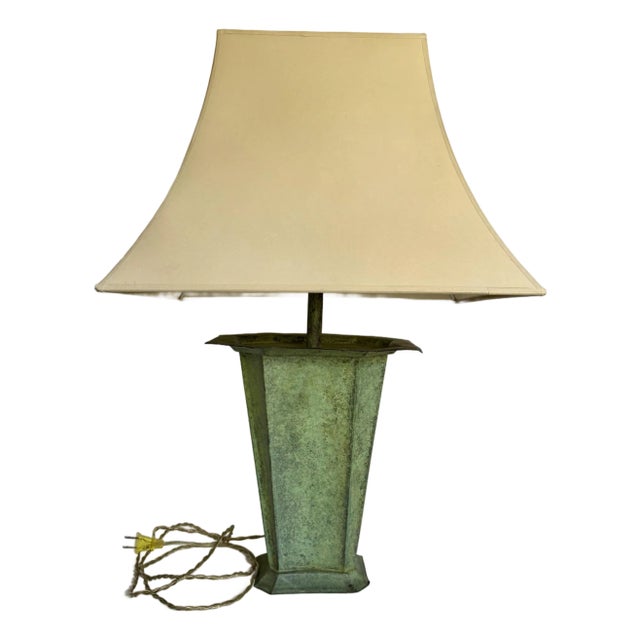 Vintage Verdigris Metal Table Lamp With Faceted Base & Tapered Shade For Sale
