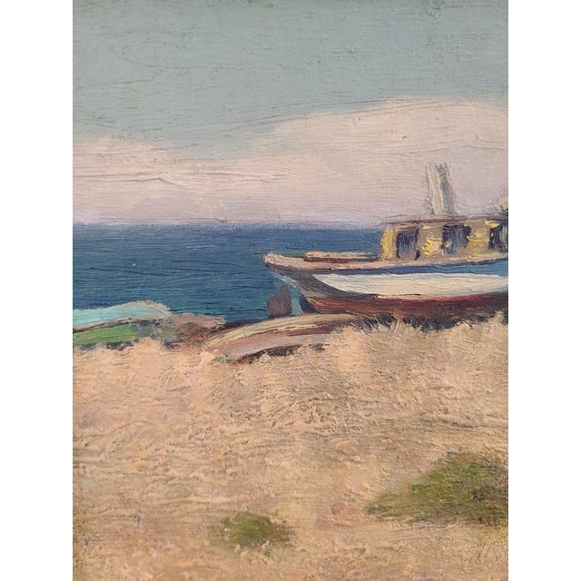 Textile Arthur Harold Knott Antique 1920s Oil Painting Morro Bay Sailboat Landscape For Sale - Image 7 of 15