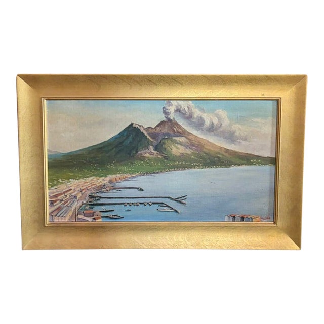Early Oil Painting - Landscape - Mount Vesuvius and the Bay of Naples, Italy, Signed For Sale