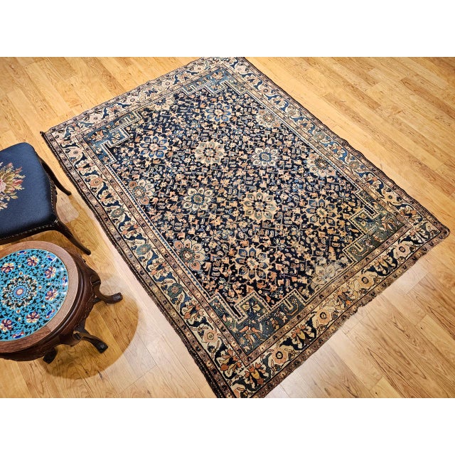 Vintage Persian Malayer Area Rug, Hand-Knotted Wool, Geometric Pattern, 5x7, Navy & Ivory For Sale - Image 16 of 18