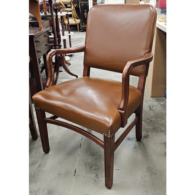 Brown Pair of Mid 20th Century Gunlocke Georgian Style Mahogany and Vinyl Armchairs For Sale - Image 8 of 9