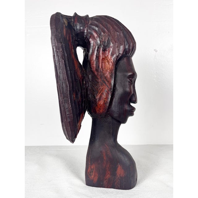 African Vintage Carved Wood Woman With Ponytail Bust Sculpture For Sale - Image 3 of 9