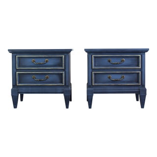 Mid Century Blue Painted Walnut Nightstands - a Pair For Sale