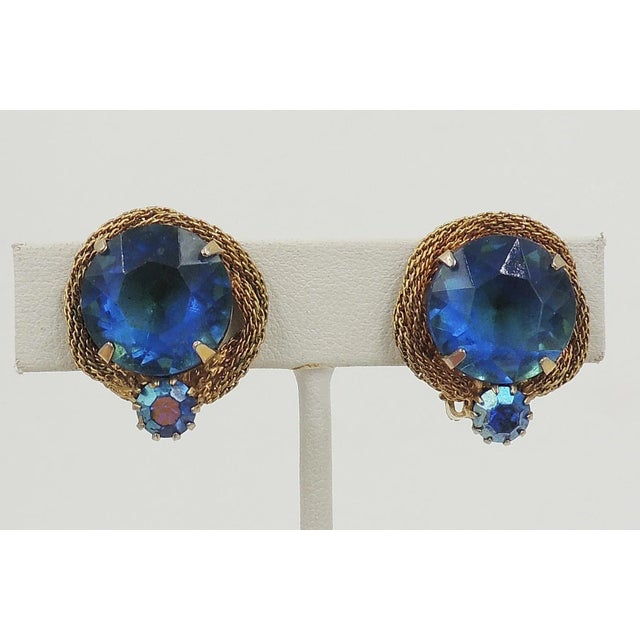 Mid-Century Modern 1960s Blue-Green Rhinestone Clip Earrings - 2 Pieces For Sale - Image 3 of 8