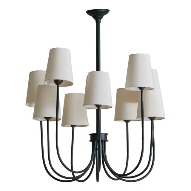 Vintage French Black Iron 10-Arm Chandelier with Shades For Sale