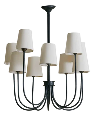 Vintage French Black Iron 10-Arm Chandelier with Shades