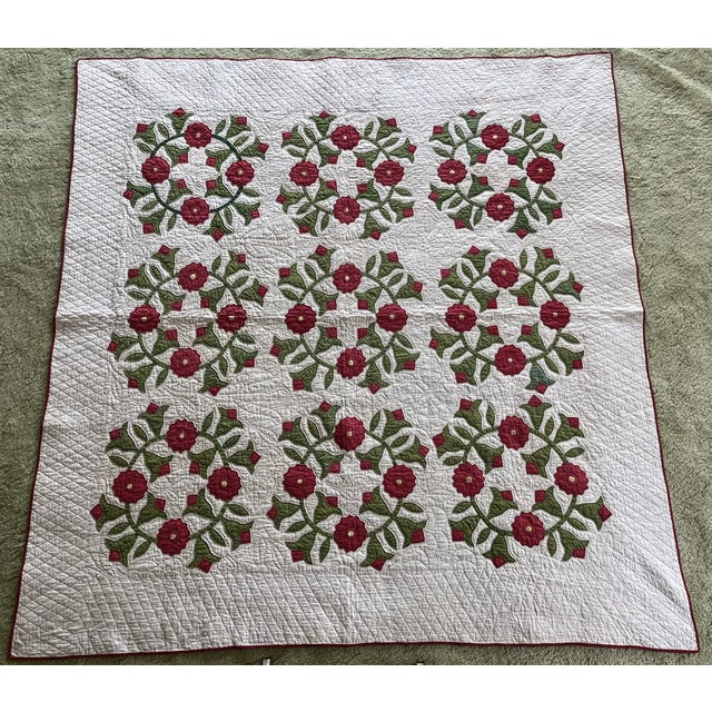American Antique Late 19th / Early 20th Century Hand Sewn Marriage Quilt With Rose of Sharon Wreaths For Sale - Image 3 of 10