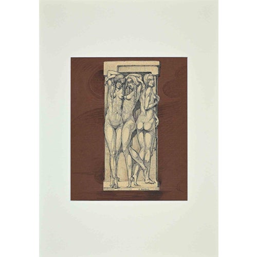 G. Mammoli, Nude Caryatids, Early 20th Century, Pencil on Paper For Sale