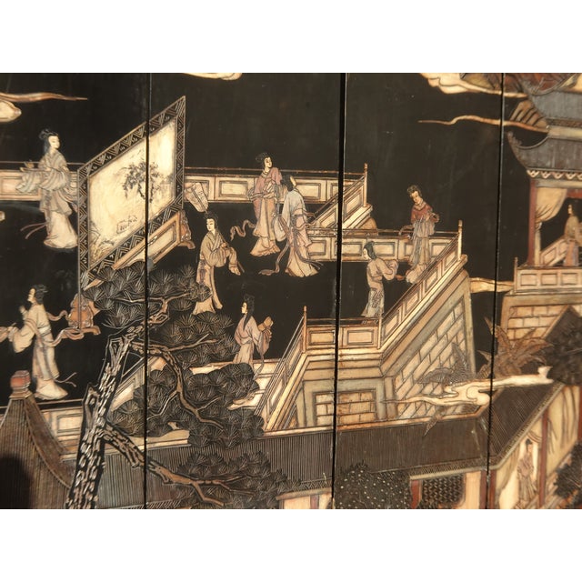 Vintage Oriental Asian Palace City Coromandel Chinoiserie Black Six Panel Screen For Sale - Image 10 of 17