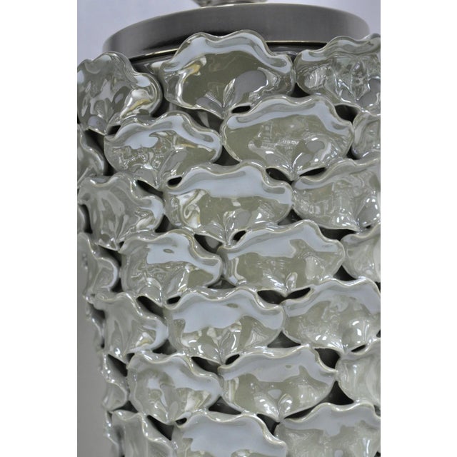 Contemporary Modern Gray Porcelain Leaf Leaves Chrome Table Lamps - A Pair For Sale - Image 4 of 17