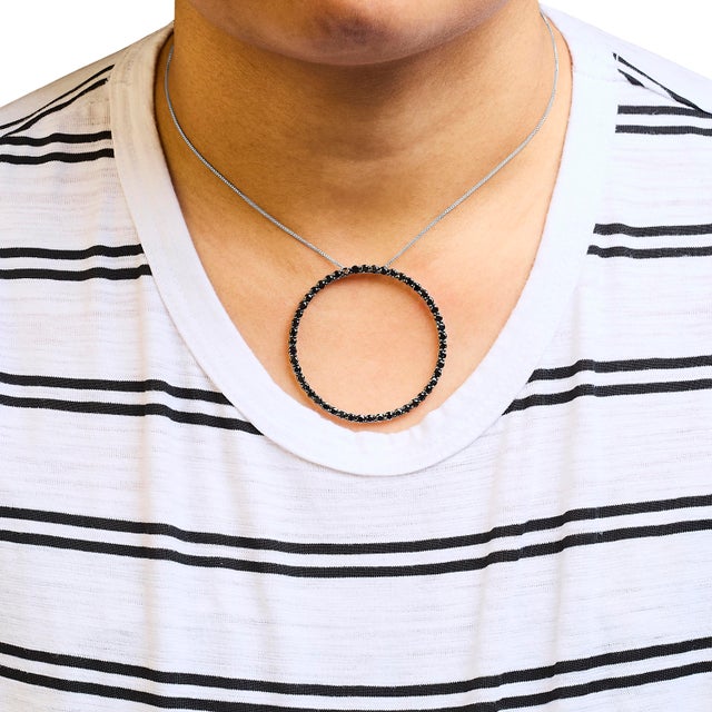Contemporary .925 Sterling Silver 4.0 Cttw Black Diamond Open Hoop Circle 18" Pendant Necklace (Black Color, I2-I3 Clarity) For Sale - Image 3 of 4