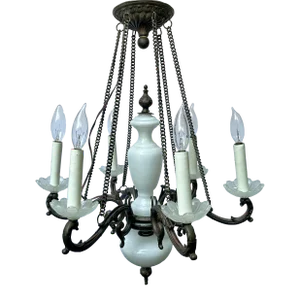 Early 20th Century 6-Light Opaline-Glass Bronze Chandelier With Griffin Details