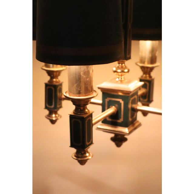 Empire Dark Green Leather and Brass Four-Arm Chandelier, France, 1960s For Sale - Image 6 of 18