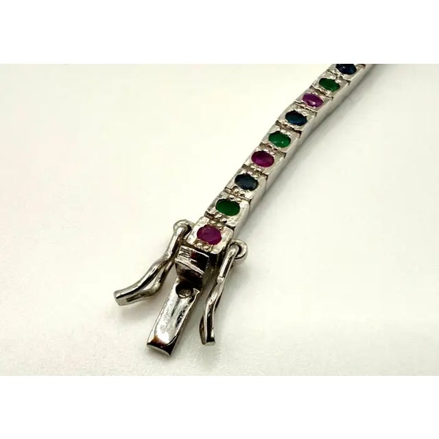 Art Deco Style Sterling Silver Ruby, Emerald & Sapphire Tennis Bracelet, 9 Ct For Sale - Image 14 of 14