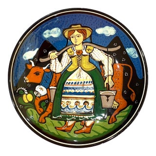 1990's Swiss Folk Art Pottery Charger - Milk Maid - Hans Schneider Steffisburg For Sale