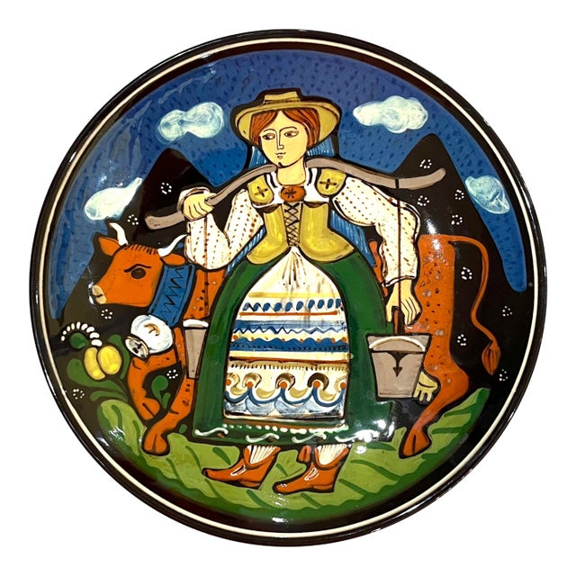 1990's Swiss Folk Art Pottery Charger - Milk Maid - Hans Schneider Steffisburg For Sale