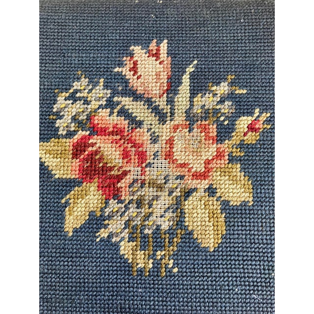 Early 20th Century Antique French Country Style Mahogany Footstool With Floral Needlepoint Cushion For Sale - Image 5 of 14