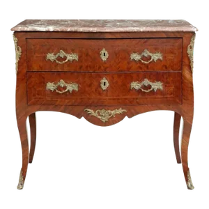 Antique French Louis XV Style Rouge Marble-Top Bombe Commode Sauteuse