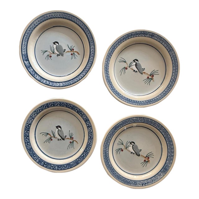Vintage Hartstone Usa Restaurant Ware Plates – Set of 4 – 7.75 Inch Heavy Pottery – Hand Decorated Bird Motif For Sale