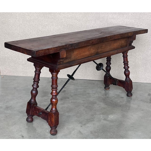 Brown 19th Spanish Console Table With Two Carved Drawers and Original Hardware For Sale - Image 8 of 11