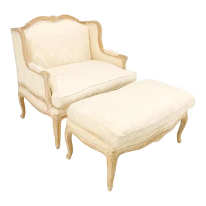 Extra Wide Country French Lounge Chair W/ Matching Ottoman Beige Upholstery