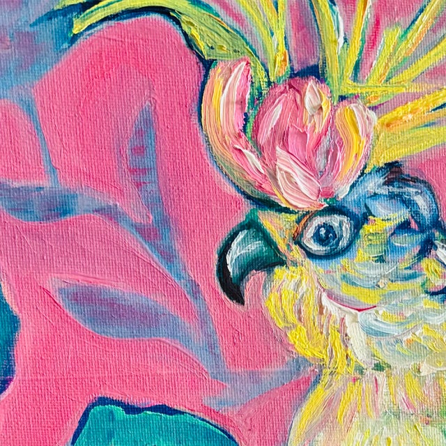 Tatiana Duperault Cockatoo Original Oil Painting, Chinoiserie Style, Pink and Blue, Faux Bamboo Frame For Sale In West Palm - Image 6 of 6