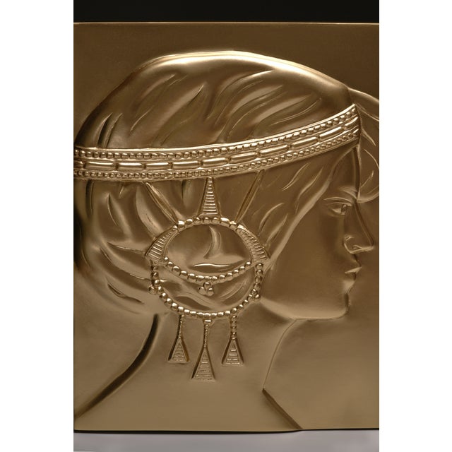 Paint Pair of Secessionist Reliefs Made After Georg Klimt, Sculptural Golden Bas Relief With Female Profiles, Wall Object For Sale - Image 7 of 18