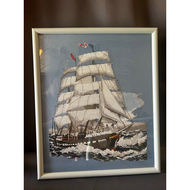 Vintage Signed Nautical Cross Stitch Ship Framed Textile Art c.1992 For Sale - Image 11 of 11