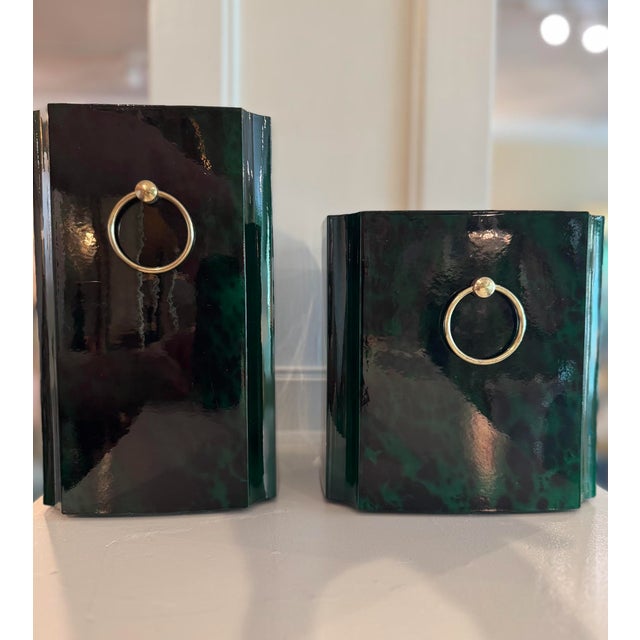 Italian faux malachite; lacquerware ice bucket and wine cooler. Ice Bucket: 4.75" x H 8" Cooler: 5.75" x H 6"