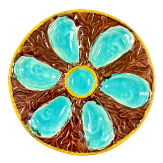 Antique S. Fielding Majolica Oyster Plate, Turquoise & Brown, 1878 For Sale