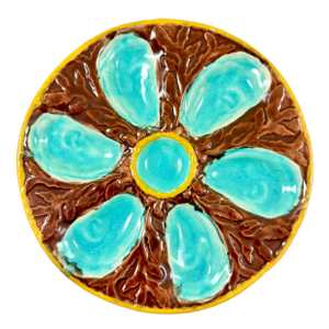 Antique S. Fielding Majolica Oyster Plate, Turquoise & Brown, 1878