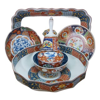 Mid 20th Century Japanese Imari Porcelain Serving Plates Platters Bowl Bell & Box - 7 Piece Lot For Sale